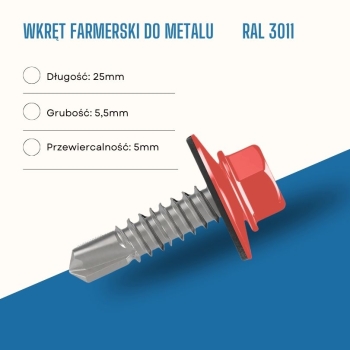 Wkręt farmerski do metalu 5,5X25 mm przewiercalność 5 mm w kolorze RAL 3011